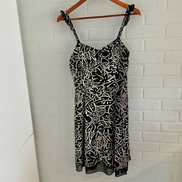 Vintage Y2K Babydoll Mini dress Black/tan/cream Floral print Empire waist 10 - Picture 1 of 8